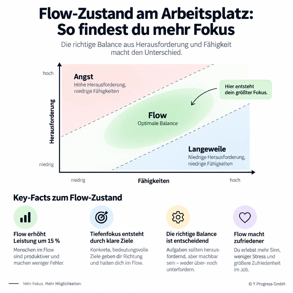 Flow-Zustand am Arbeitsplatz: Diagramm zeigt Balance von Herausforderung und Fähigkeiten, um Fokus und Leistung zu steigern.