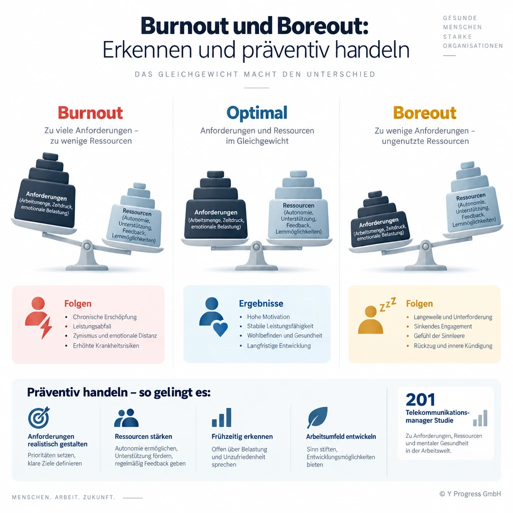 Infografik erklärt Burnout und Boreout mit Waagenvergleich, Folgen, Optimalzustand und präventiven Handlungsempfehlungen