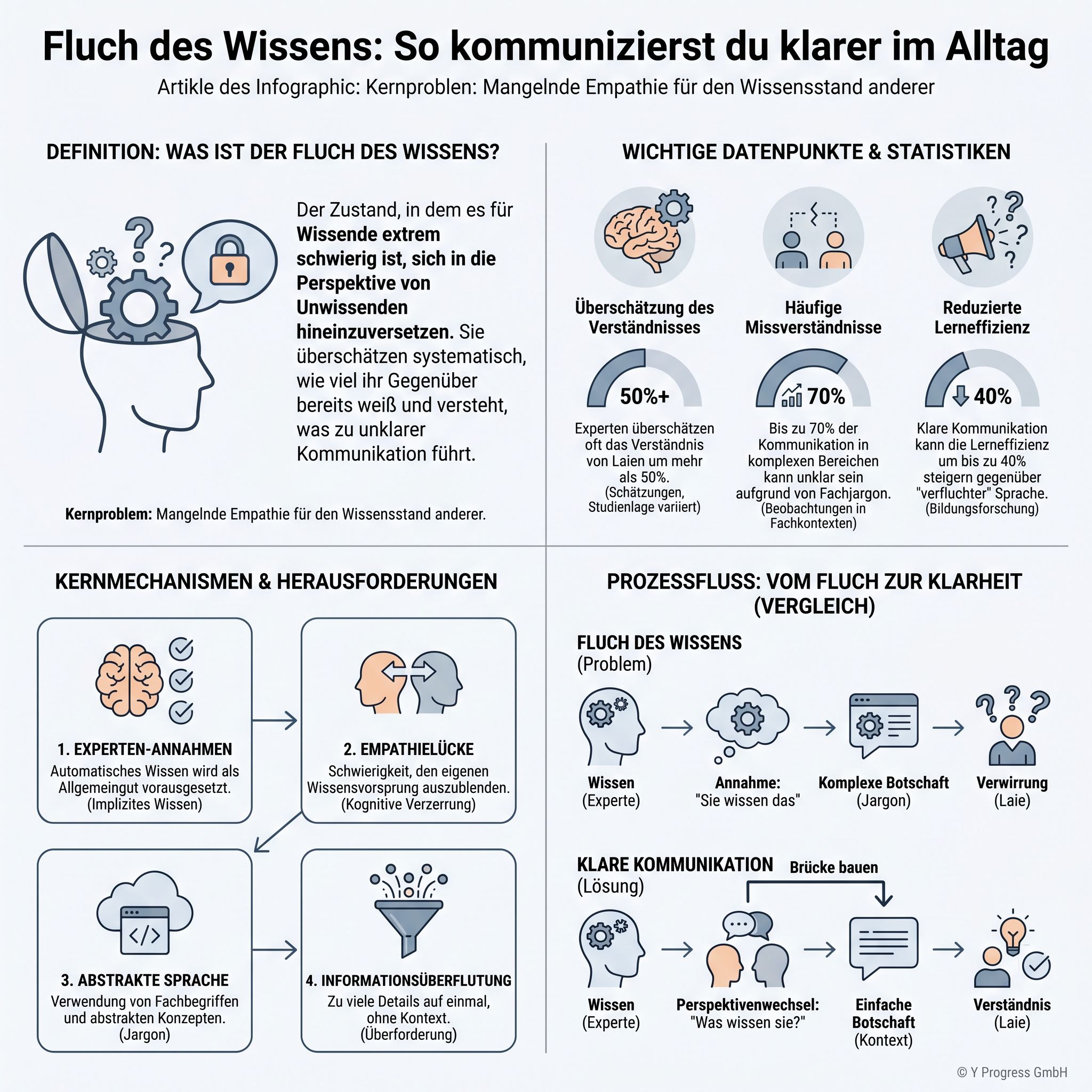 Infografik 'Fluch des Wissens' zeigt Ursachen und Tipps für klarere Kommunikation im Alltag.