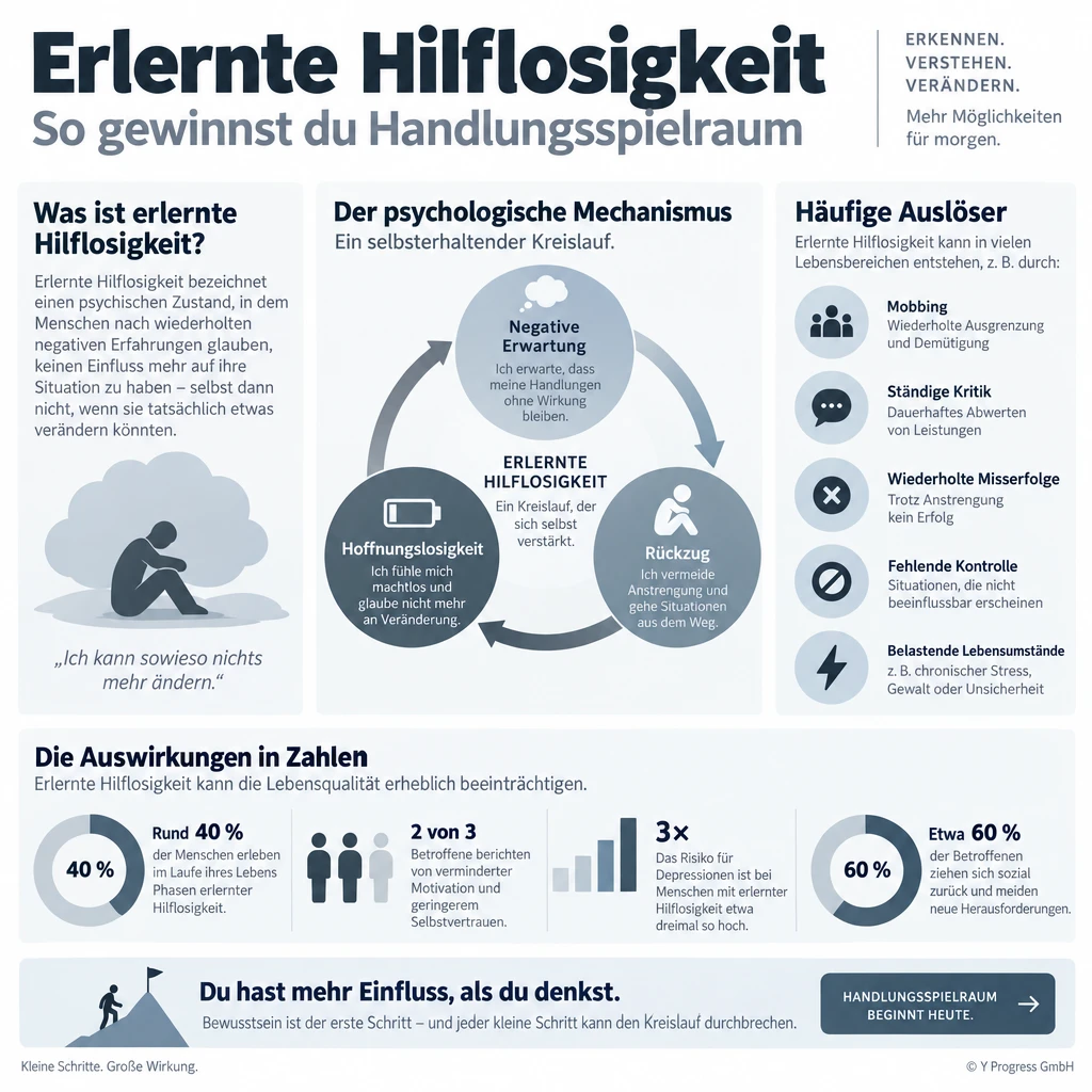 Infografik zu erlernter Hilflosigkeit: Ursachen, psychologischer Kreislauf und Wege, Handlungsspielraum zurückzugewinnen.