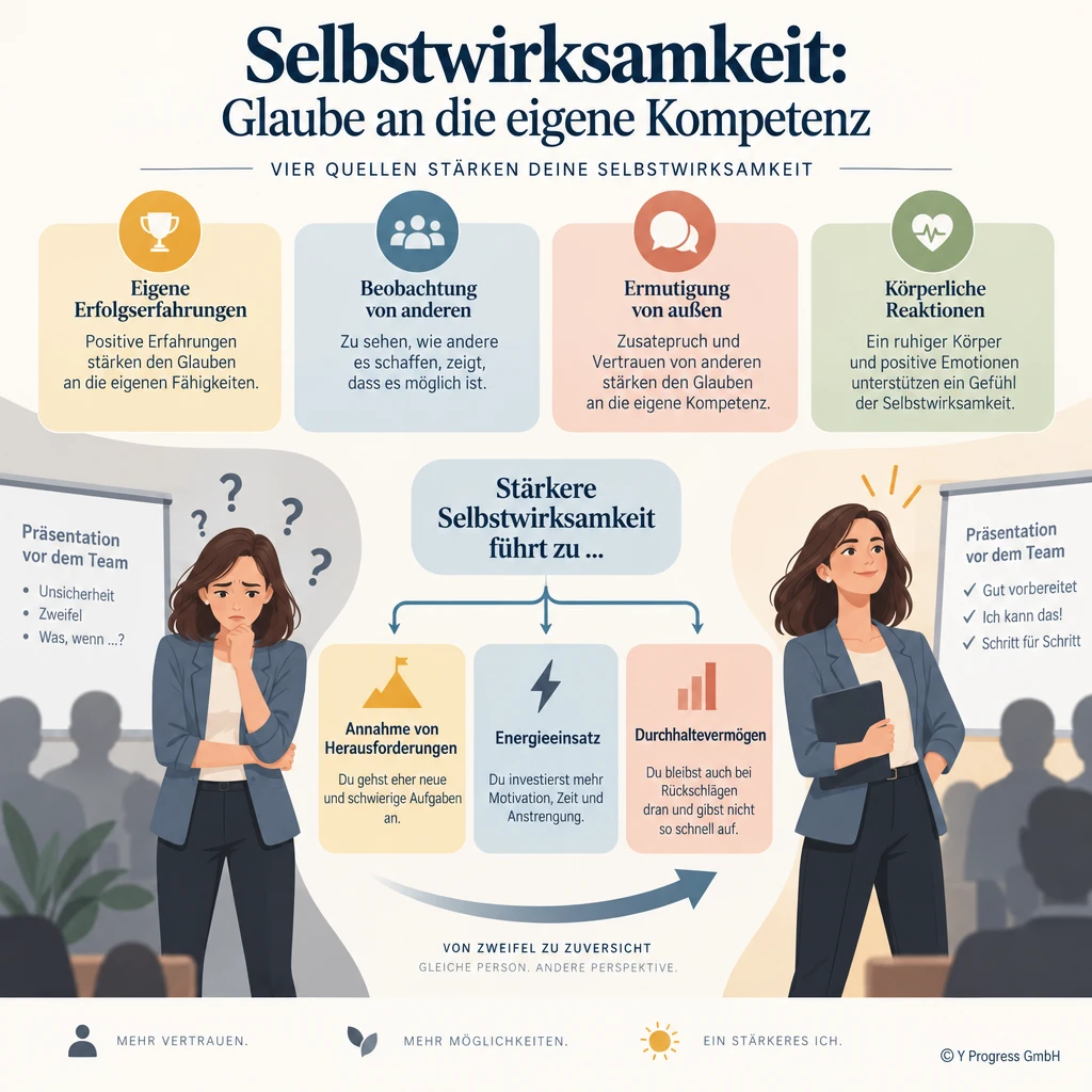 Infografik zu Selbstwirksamkeit: unsichere und selbstbewusste Frau beim Präsentieren und Tipps für mehr Selbstvertrauen.